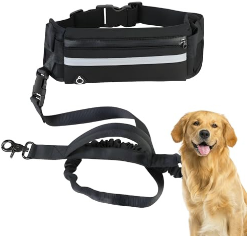 Suuwwn Joggingleine Hunde mit Bauchgurt und Aufbewahrungstasche,Laufgürtel Hundleine für Große und Mittelgroße Hunde Freihandleine mit Bauchgurt zum Joggen Laufen Radfahren Wandern Schwarz