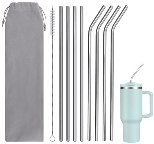 10 Pcs Stainless Steel Straws Set, Metal Drinking Straws Reusable, Stanley Cup Straw 40 oz with Straw Brush and Velvet Bag for Smoothie, Milkshake, Cocktail and Hot Drinks
