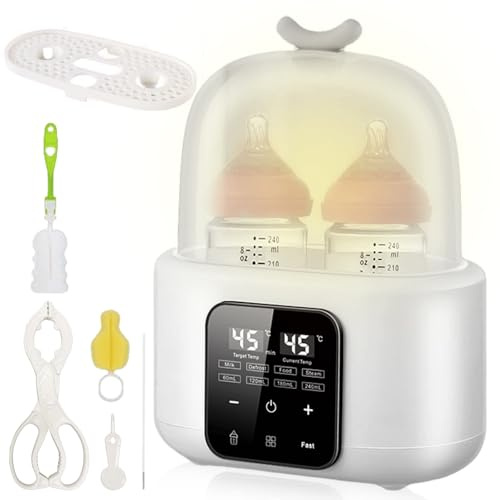 Flaskvärmare baby 6-i-1 med temperaturkontroll, sterilisator för babyflaskor, snabb barnmatsuppvärmning och frostning, mjölkvärmare med digital display för flaska på vägen och hemma