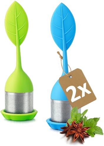 Robin Goods® 2x infusor de té de acero inoxidable con tapa de silicona y bandeja de goteo - filtro reutilizable para té suelto - colador de especias - filtro de té de colores