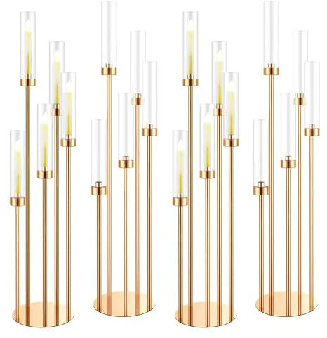 bimiti Bougeoirs Or Ouragan Verre, 4 Peices Chandelier Bougeoir avec Verre Cylindrique 106CM Convient aux Bougies 2 CM Chandelier Doré pour Décoration de Mariage Banquet Noël