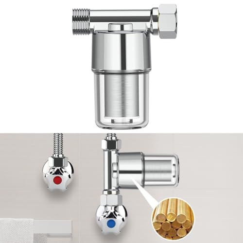 FUANA Filtre à eau en cuivre pur pour robinet de douche et machine à laver - Boîtier transparent avec filtration en acier inoxydable - Design de lavage à contre-courant - Serrure de porte 110