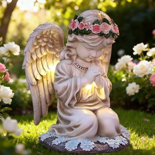 Nzkeuf Statue da Giardino Esterno Angelo, Statue da Giardino di Angeli Solari, Resistente alle Intemperie, Scultura Decorativa per Prato, Cortile, Terrazza, Davanzale, Angelo Della Preghiera