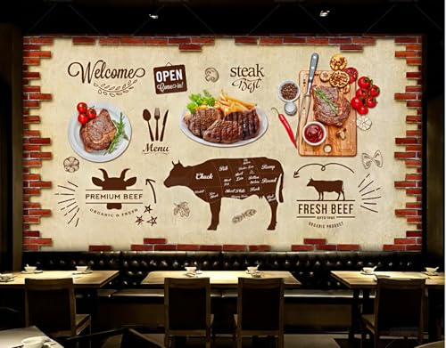 Tapet Retro nostalgisk tegelvägg biff västerländsk restaurang dekorativ målning kafé restaurang väggmålning, 3D, 150x105 cm