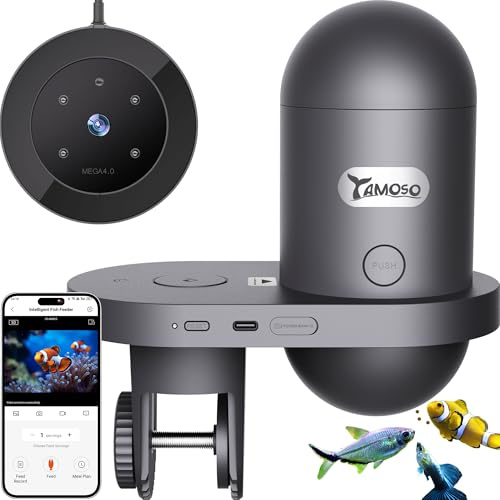 YAMOSO Distributeur Nourriture Poisson WiFi, Caméra 2.5K HD, App 2.4/5G, Dosage Précision 0,2g Anti-Blocage pour Vacances, Réservoir 230ML Anti-Humidité, Programmable pour Aquarium & Mer