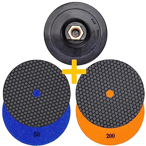 Profi Diamant-Schleifpad-Set für Trockenschliff 125 mm Körnung 50 und 200 Klett-Aufnahmeteller für Naturstein Granit Feinsteinzeug Fliesen Keramik Kunststein Glas Marmor