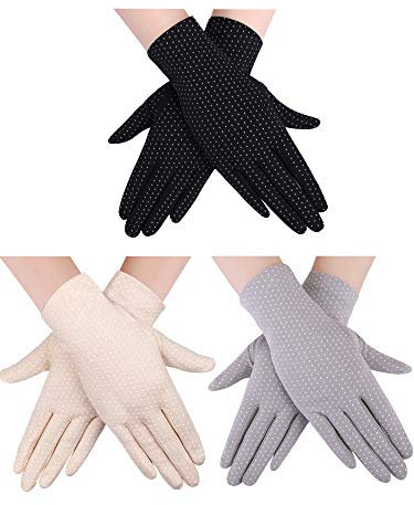 Boao 3 Pairs UV Driving Gloves Sun Protection Summer Sunblock Gloves for Women Driving Riding Outdoor(Medium,Black, Beige, Gray)