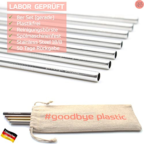 GERNEO® - Labor geprüft - Strohhalm wiederverwendbar 304er Edelstahl - 8er Set + Reinigungsbürste + ToGo Bag - Rückgaberecht, kindergeeignet, rostfrei & umweltfreundlich (Silber-Gerade-8mm)