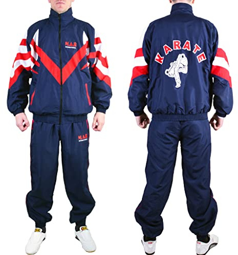 MAR INTERNATIONAL | Martial Arts Karate Tracksuit Men's Full Set, Retro Vintage Deluxe Full Tracksuit Zip Pockets - Navy-Blue, Red & White (L/180CM)