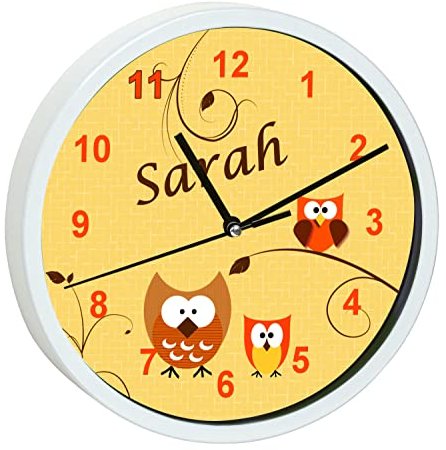 CreaDesign, Wanduhr Kinder personalisiert mit Name, Motiv Eule orange, Rahmen Wanduhr weiß, Ø 19,5 cm