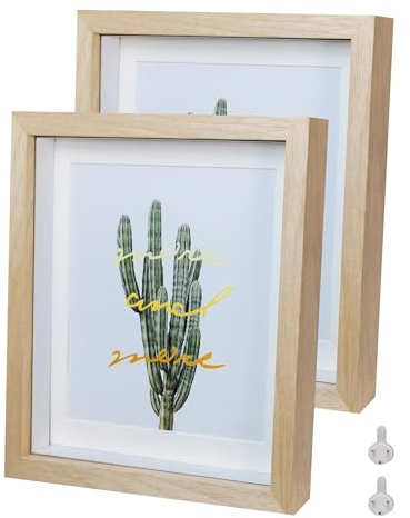 Cornice portafoto 3D, 20 x 25 cm, in legno massello e vetro, profondità 1,5 cm, 2 pezzi, colore legno