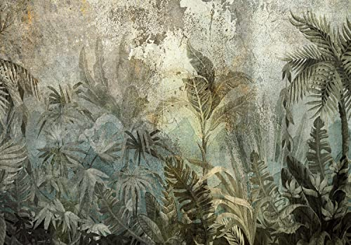 decomonkey Fototapete Dschungel 350x256 cm Design Tapete XXL Fototapeten Vlies Tapeten Vliestapete Wandtapete moderne Wand Schlafzimmer Wohnzimmer Natur Pflanzen Blätter Beton Optik Grün Grau Beige