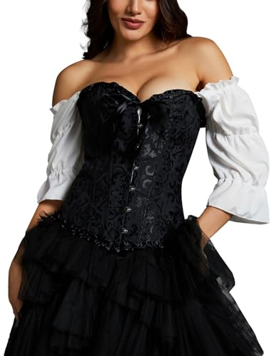 MISS MOLY Corset vintage pour femme - Avec nœud - Couleur classique - Avec string en G - Noir et rouge, Dentelle noire., L