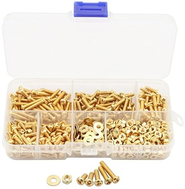 LBY 600pcs Machine Screws Assortment Kit, M3 Phillips Pan Head Bolts, 5 Sizes (with Nuts and Flat Washers), Copper (Yellow)