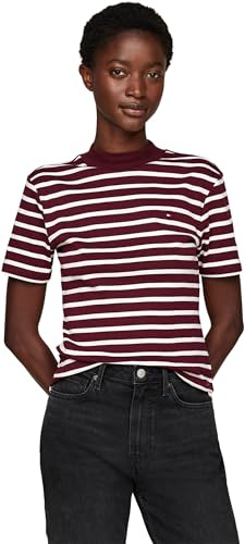 Tommy Hilfiger Women’s Short Sleeve Mock Neck Slim Cody Crop T-Shirt, Multicolor (Breton STP Deep Rouge/Ecru), M