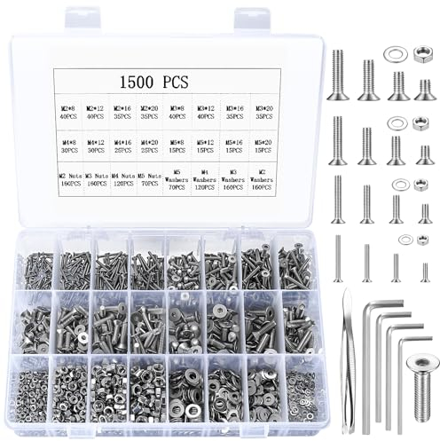 1500 piezas tuercas y arandelas para tornillos de cabeza avellanada, tornillos para máquina de cabeza plana, juego de tornillos cilíndricos de acero inoxidable, tuercas y arandelas M2 M3 M4 M5