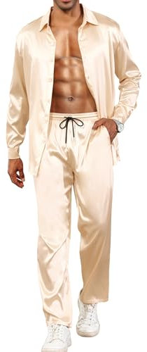 Babioboa Herren Trainingsanzug Seid Set Hippie Knopfleise Hemd Langarm Lassig Hosen Strand Yoga Outfits(Champagne,XXL)