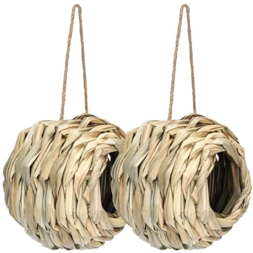 Tsffae House, 2 Pcs Hand Woven Bird Nest for Outdoor, Hanging Grass Bird Houses for Outside, Natural Bird Hut Roosting Pocket for Small Birds