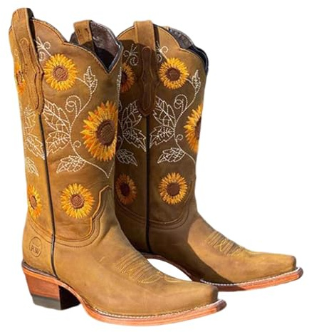 Umiocns Stivali da donna con ricamo floreale vintage – Stivali da equitazione con tacco alto e punta quadrata, cachi, 40 EU