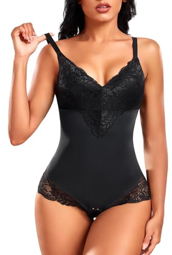 Niwicee Body Sculptant Femme Gainant Invisible Gaine Minceur Bodys Amincissante Ventre Plat Ventre Lace Élégant Lingerie Top Bodysuit Débardeur Col V Shaper Spaghetti Strap Lingerie Camisole-Noir-S