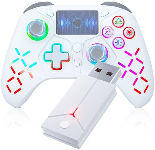 Bonacell Kabelloser Controller für PS-4(RGB), Gamepad-Fernbedienung mit Dual-Motor-Vibration/6-Achsen-Sensor/Turbo/3,5-mm-Audiobuchse/Touchpad für PS-3/PS-4/Pro/Slim/S-Witch/PC, Weiß