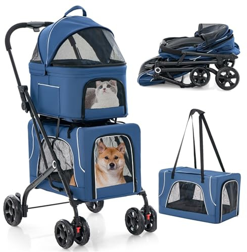 COSTWAY Cochecito para Perros Plegable, 3 en 1 Carrito para 2 Perros o Gatos, con 2 Transportines Desmontables, Cinturón de Seguridad, Cojines Desmontables, Carrito de Viaje para Mascotas (Azul)