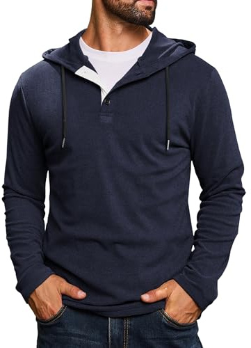 CTU Mens Fashion Hoodies Casual Button Pullover Hooded Sweatshirts Lightweight Long Sleeve T Shirt Navy L