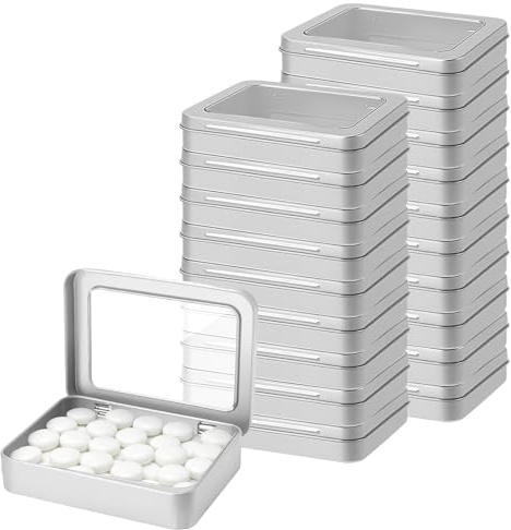 HEIHAK 20 Pack Metal Tin Box with Clear Window Hinged Lids,4.5x3.3x0.9 Rectangular Storage Container for Crafts, Jewelry, Small Items