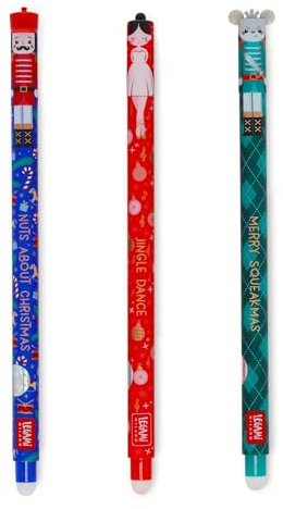 Legami - Set di 3 Penne Gel Cancellabili, Christmas Edition, Penne con Inchiostro Cancellabile Termosensibile, Rosso, Blu, Verde, Erasable Pen Natalizie, Cancella Senza Consumare il Foglio