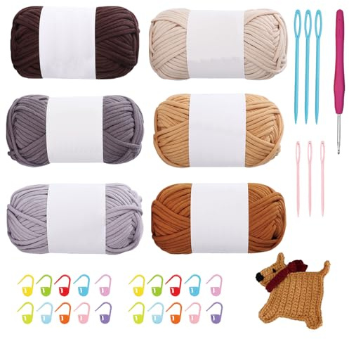 Fil à Tricoter pour T Shirts, 6 Pelotes de Fil à Tricoter et Crochet, Fils Polyester Chunky Tshirt Yarn, Utilisé pour la Fabrication de Sous Verres, de Tapis et D'objets Artisanaux (Couleurs Brunes)