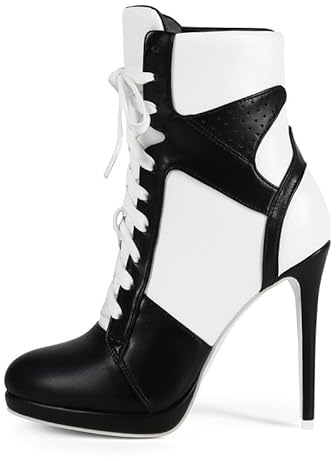 Veelau Meieer Botines deportivos de tacón alto para mujer, con cordones, patchwork, con plataforma, estilo texon, negro y blanco, 40 EU