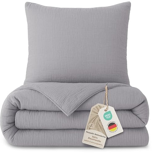 LAYNENBURG Premium Musselin Bettwäsche 135x200 cm + 80x80 cm - Oeko-Tex – 100% Baumwolle – atmungsaktiv & bügelfrei – 3 lagiges Musselin mit Reißverschluss & Haltebändern (grau)