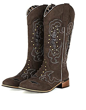 LMUIPMAA Botas Vaqueras De Punta Cuadrada para Hombre, Botas De Trabajo Cowboy Tradicionales De Estilo Country Media hasta La Bordados,Negro,44 EU