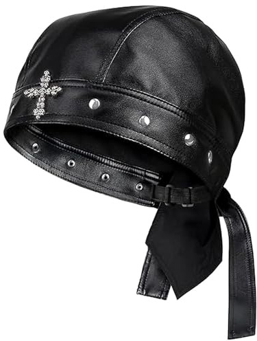 Biker Cap for Women/Men Leather Motorcycle Skull Cap with Snug Fit Adjustable, Biker Doo Rag Headwrap for Riding (only hat)