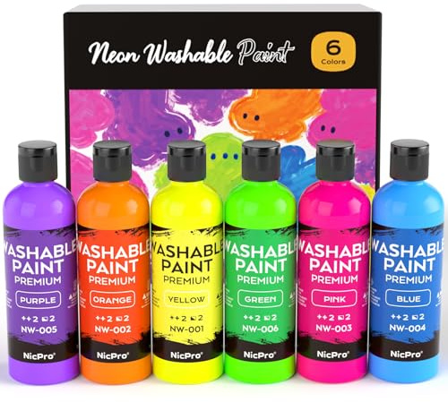 Nicpro 6 Colors Fluorescent Washable Paint Set for Kids, 4 oz Neon Paint | Glow in Black Light, Non Toxic Neon Tempera Paints for Art, Craft DIY, Poster & Finger Paint, School, Home, Classroom, Party