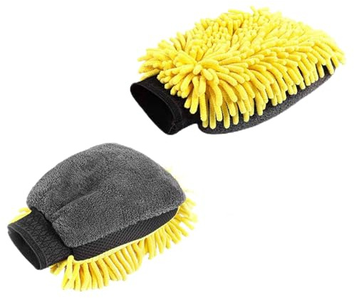 Guanti Lavaggio Auto Microfibra 2 Pezzi Guanto ciniglia Spugna Assorbente Morbida Gialla per Pulizia Auto Professionale casa Cucina Bagno