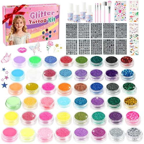 Glittertatueringsset barn, 48 färger glittertatueringar flickor, 540 stenciler, 115 strass, 5 penslar, 4 lim, vattentäta tillfälliga tatueringar barn, gåva till födelsedag, fest, jul