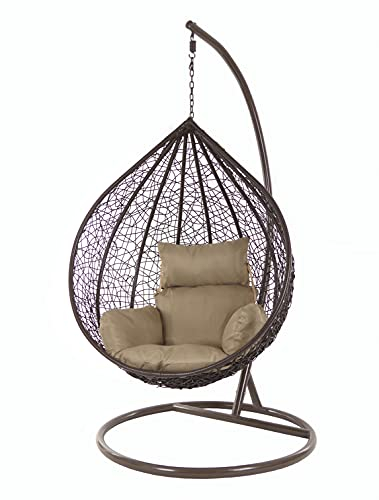KIDEO Korbsessel: XXL Hängesessel mit Gestell & Kissen, Poly-Rattan, braun, groß (Kissen: Nest braun [7010 Hazelnut])