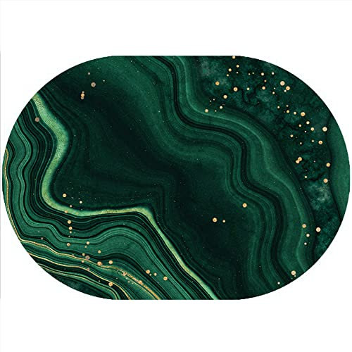 Rururug Teppich Oval Moderner Läufer Orientteppich Kurzflor Flur Schlafzimmer Küche Wohnzimmer rutschfest Waschbar, Smaragd-Gold-Streifen-Design Oval 80 x 150 cm