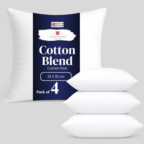 Lancashire Textiles 4 Pack Luxury 22 x 22 (55 x 55cm) Cotton Blend Cushion Pads with Super Bounce Polyester Fibre, Made of Finest British Materials