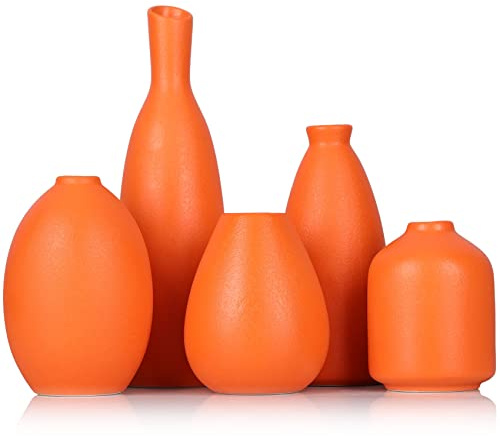 Set di 5 vasi in ceramica arancione con boccioli, decorazione per casa colonica, caminetto, mantello e mensola per soggiorno, ingresso, bagno, cucina e ufficio, decorazione per tavolino da caffè