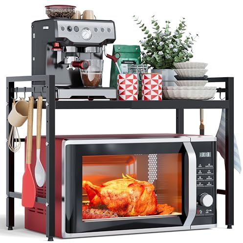 NETEL 2 Tier Expandable Microwave Shelf, Metal Microwave stand Countertop | Over Microwave Shelf Unit with 8 Hooks, Adjustable Height Microwave Rack, Kitchen Shelves, Air Fryer stand 25 kg max load