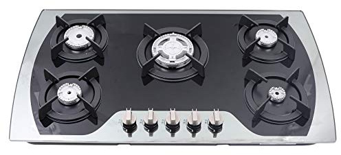 Salmeee Piano cottura a gas a 5 fuochi da incasso, in acciaio inox, fornello a gas terra o propano, vetro temperato, piano cottura a gas, protezione automatica della fiamma