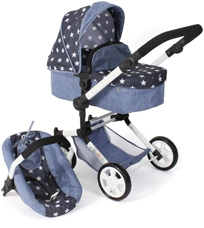 Bayer Chic 2000® 3in1 Kombi Puppenwagen Linus - Sternchen Navy- faltbar, höhenverstellbarer Griff 47-78 cm, mit Autositz – Puppen bis 52 cm, 4-8 J.