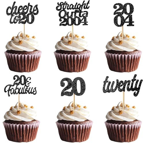 Teselife Décoration Gâteau 20e Anniversaire, 24 Pièces Pailletées Noires, 6 Styles Différents, Parfait pour les Cupcakes, Gâteaux et Muffins, Occasion Anniversaire, 20 Ans