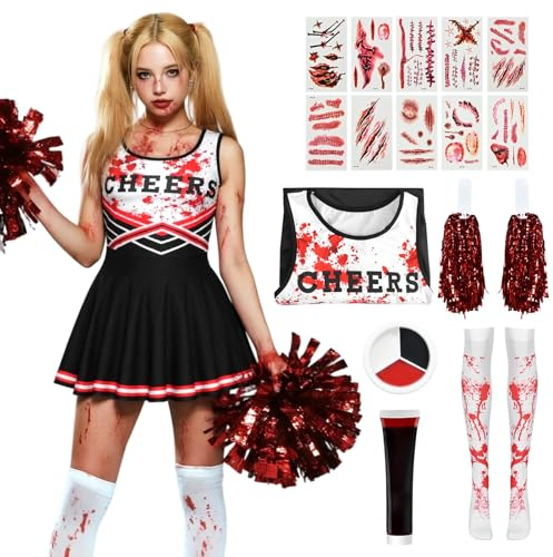 HarnyLoom Disfraz Animadora Zombie Niña, Disfraz Zombie Niña Mujer Sangre Uniforme con Pompones Calcetines Ensangrentados Halloween Cosplay (Negro - Adulto, L)