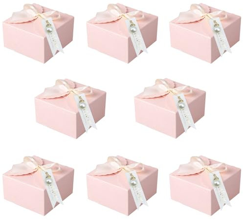 Favour Boxes with Ribbon, 20pcs Scalloped Gift Box with Cards and Pearl Pendant Wedding Candy Boxes for Guests, Paper Candy Boxes Gift Card Box Leer, Small Boxes for DIY Wedding and Party Gifts (Rosa)