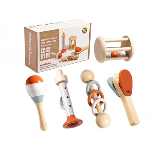 Zilynhom Hochet en Bois pour bébé, 5 pièces Montessori pour Tout-Petits avec Maracas, Clochette, hochet à Tambour, Trompette, castagnette, Instrument de Musique d'apprentissage précoce pour bébé,