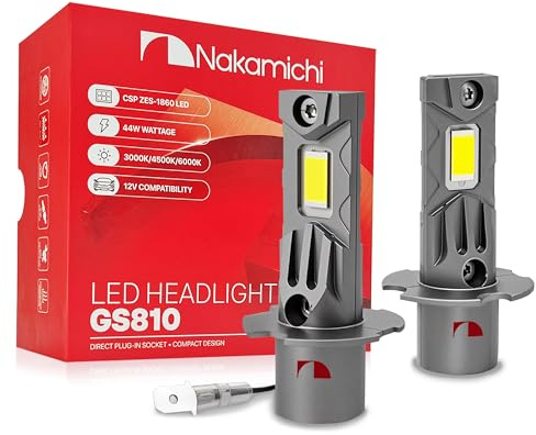 Nakamichi GS810 Series H3 LED żarówki do reflektorów i świateł przeciwmgielnych do wymiany, 12 000 lumenów 44 W na komplet, ciepła biel, Plug and Play, wiązka 1:1, zestaw 2 szt., 3000K, H3