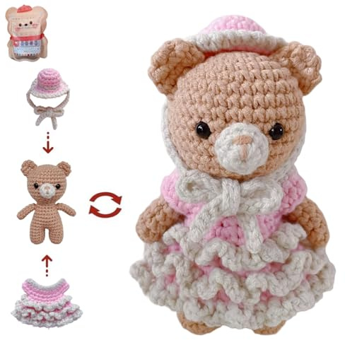 LoopMap Amigurumi Crochet Kit for Beginners with Removable Dress & Video Tutorials, DIY Bear Making Kit Includes Premium Yarn & Tools, Creative Gift for Adults Teens (Pink)